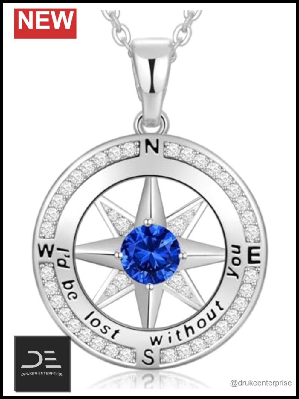 S925 Sterling Silver Compass Birthstone Pendant Necklace for Women